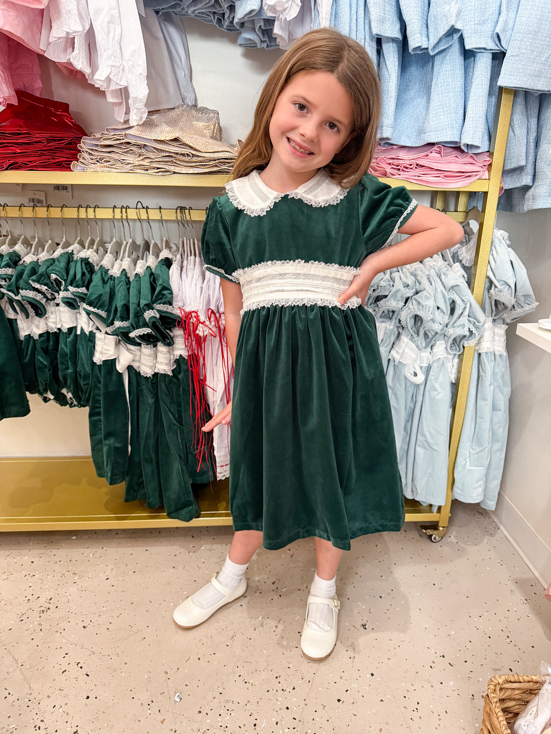 green emerald velvet dress Luli & Me Baby / Toddler Girls Luxe Velvet Float Dress - Lace Collar & Pearls